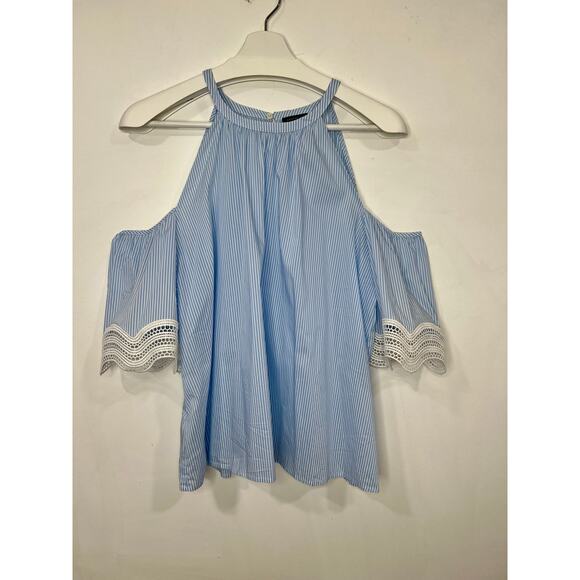 AnnTaylor Cold Shoulder Striped Blouse Eyelet detail Preppy Medium - Picture 3 of 8